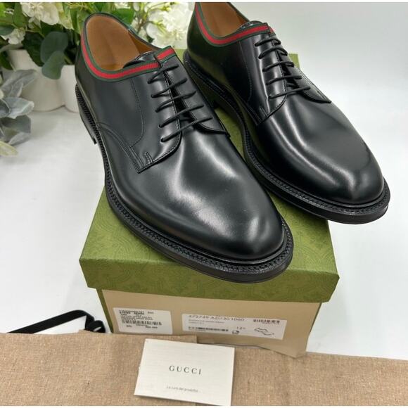 Men\'s Gucci Black Leather Derby Shoes with Green-Red Web Trim size 12.5 main image 5